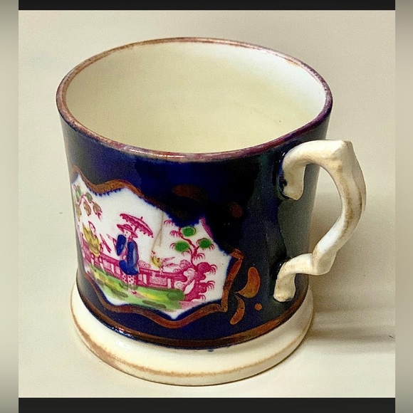 Gaudy Welsh Cobalt Blue Pink Lustre Chinoiserie Child’s Cup Mug - Picture 2 of 10